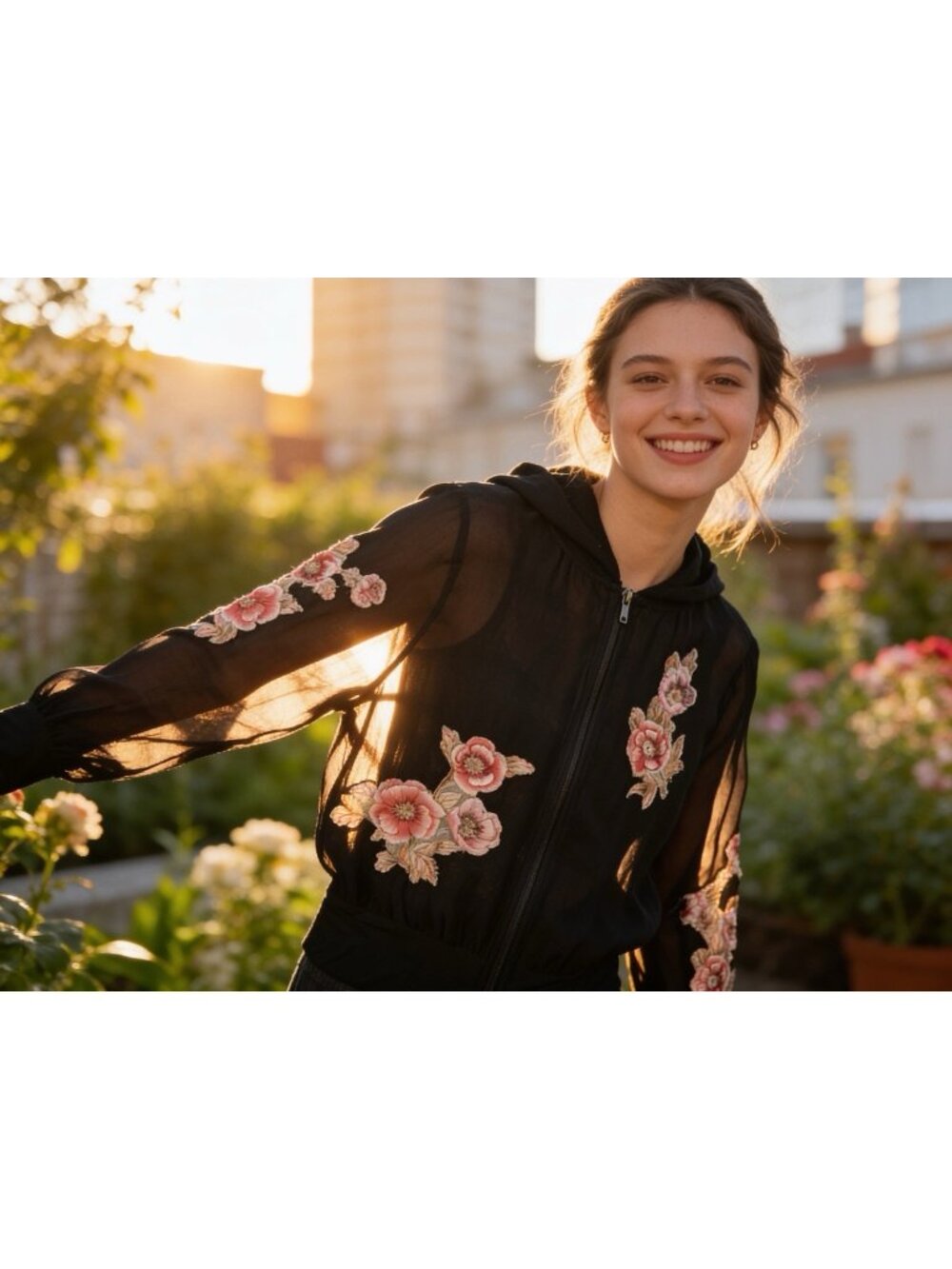 Cecile Black Full-Zip Sheer Cropped  Hoodie Embroidered Floral Appliques Sz S